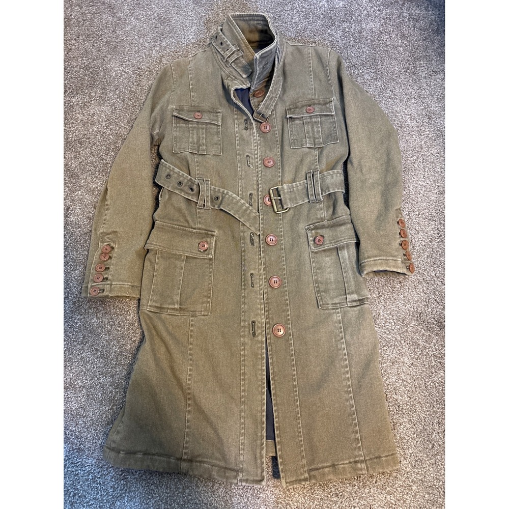 Barak Military Trench Coat Womens Olive Green Belted Long Utility Jacket Good